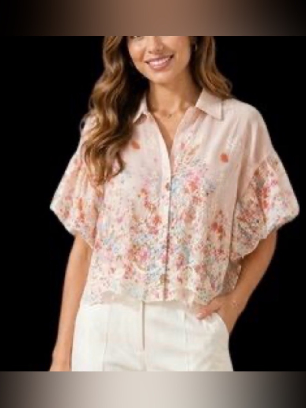 Floral Embroidered Short-Sleeve Button-Front Top - Blush Pink
